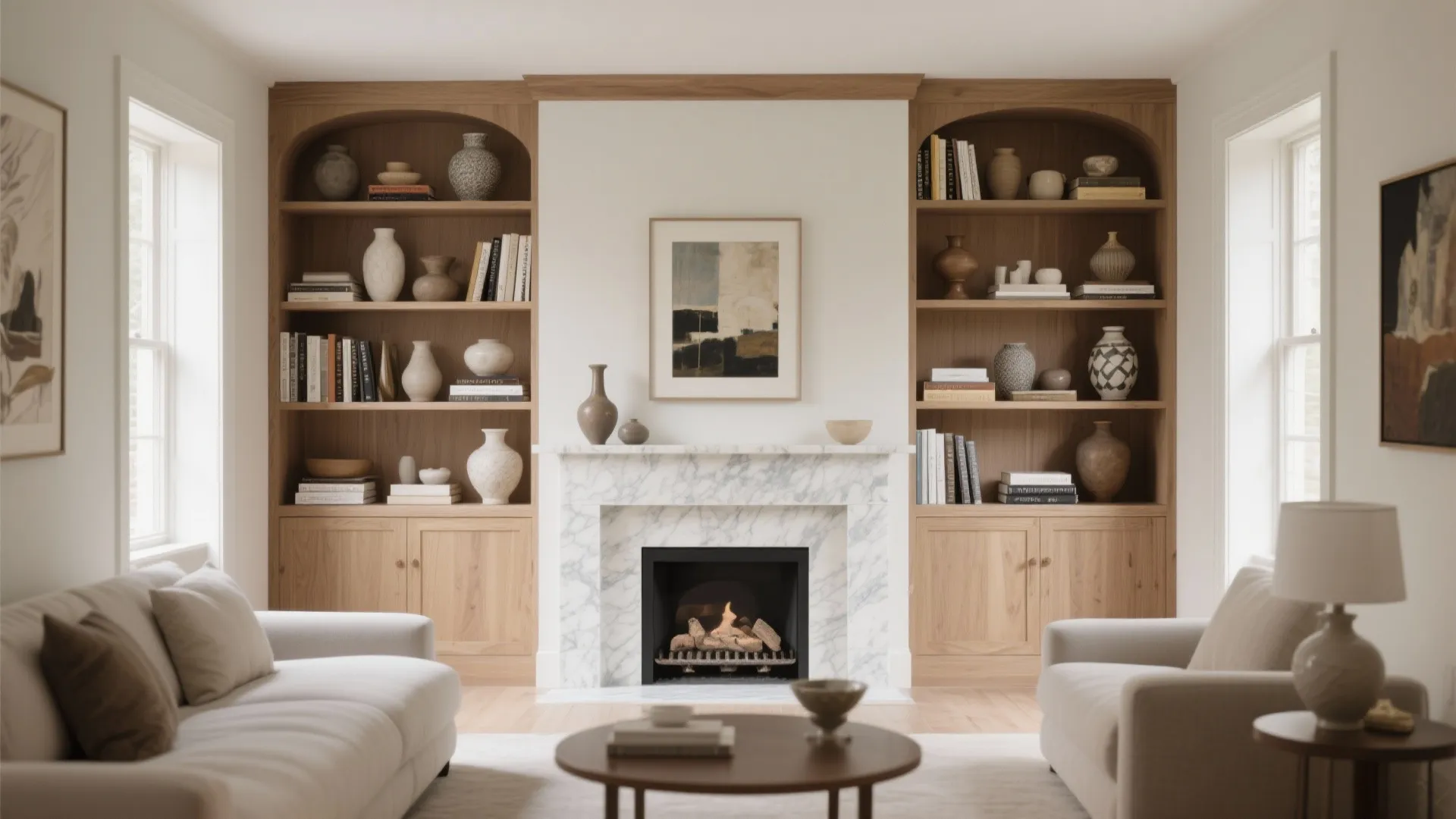 Cozy living room featuring marble fireplace flanked by symmetrical wooden bookshelves and cream colored modern sofas