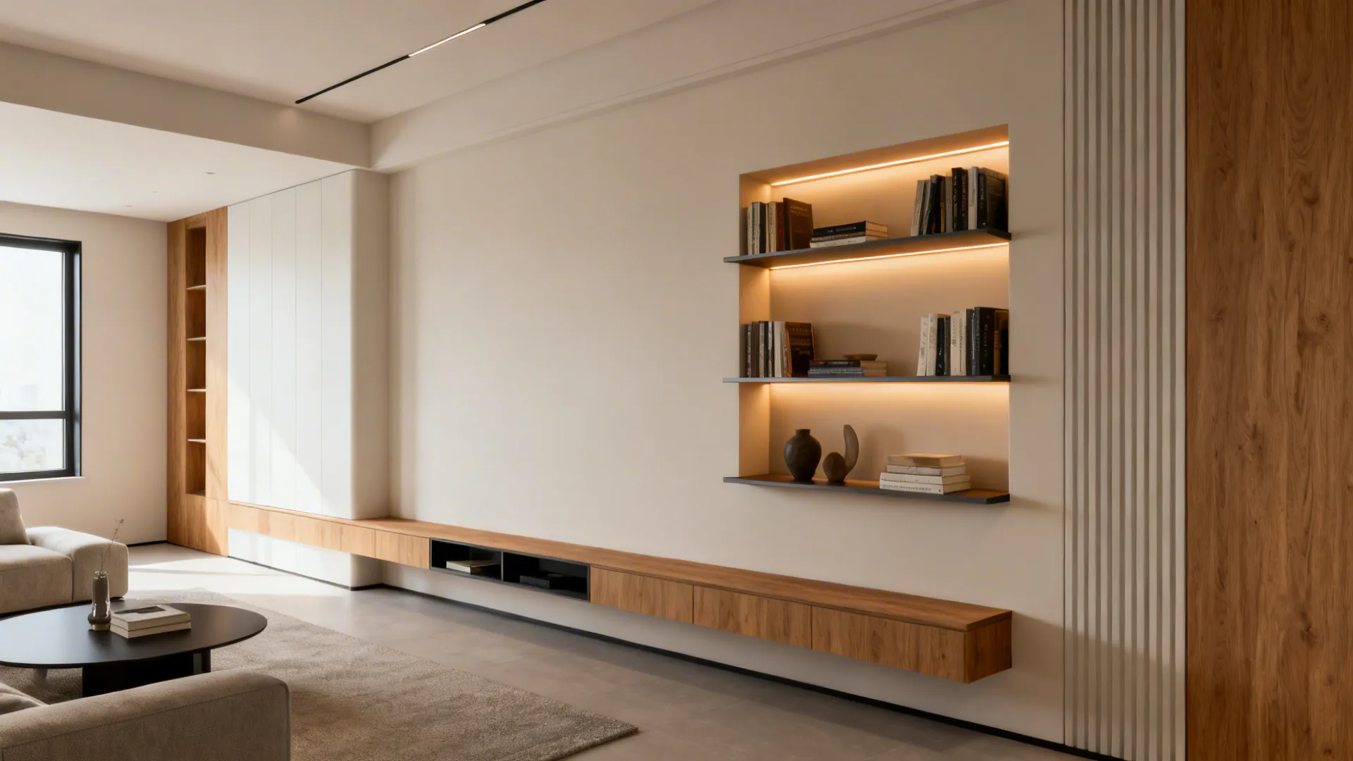 Compact living room wall with floating shelves and illuminated niches