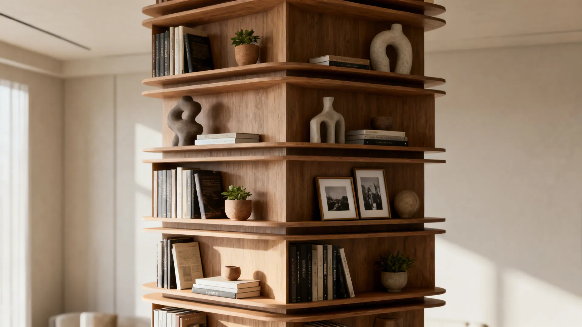 Pillar encased in built-in shelving with staggered depths, styled with books and plants.