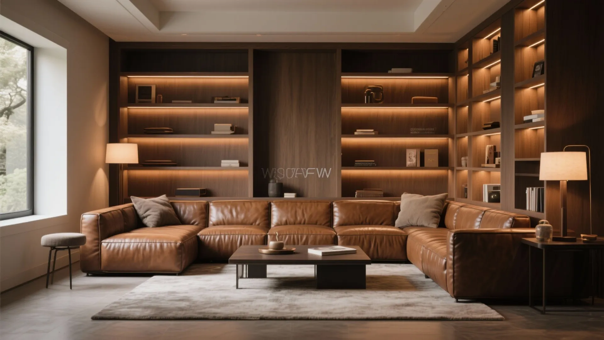 Leather sectional surrounded by built-in bookshelves