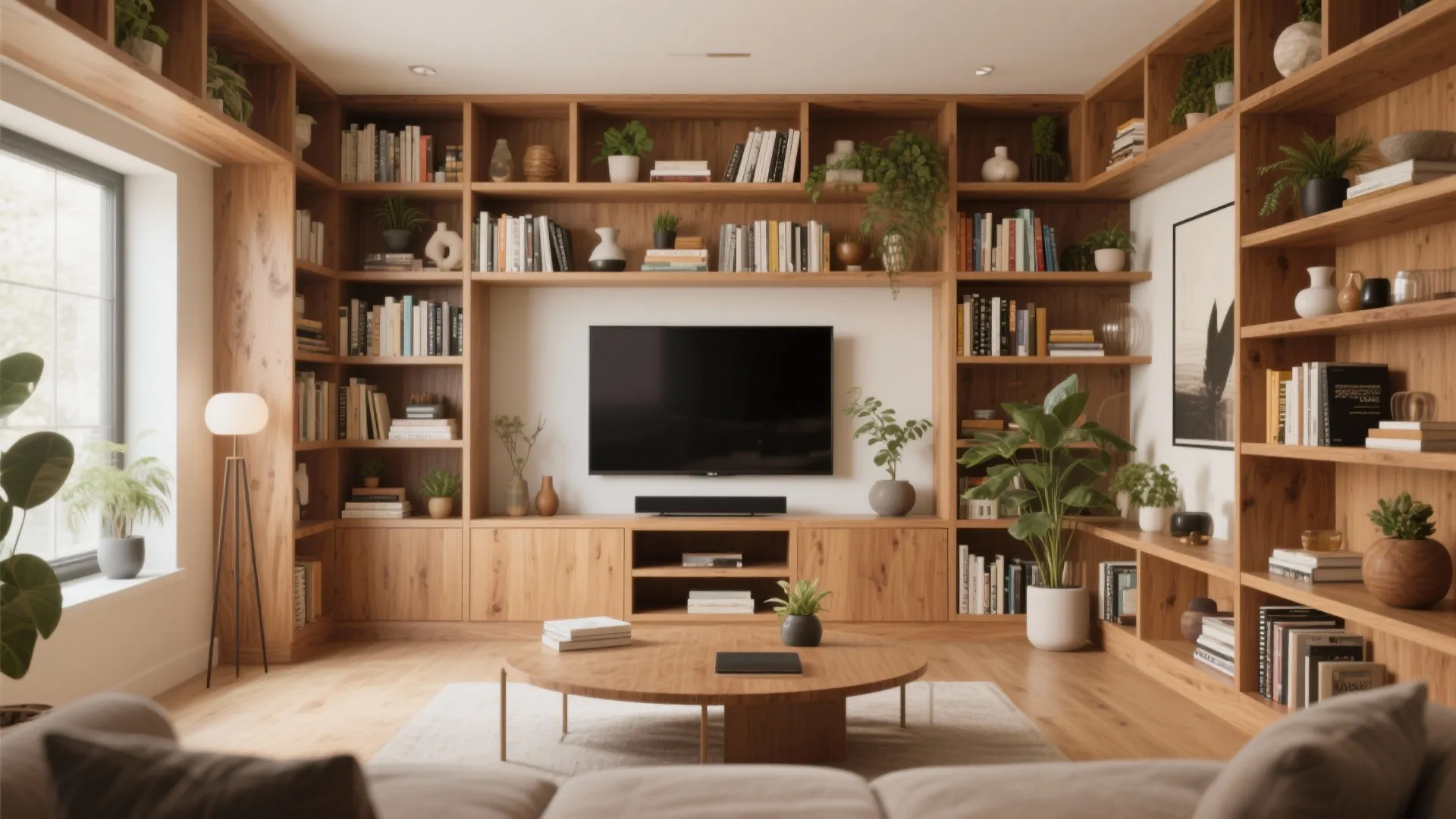 Large wooden wall cabinet with books around a television above a round wooden coffee table