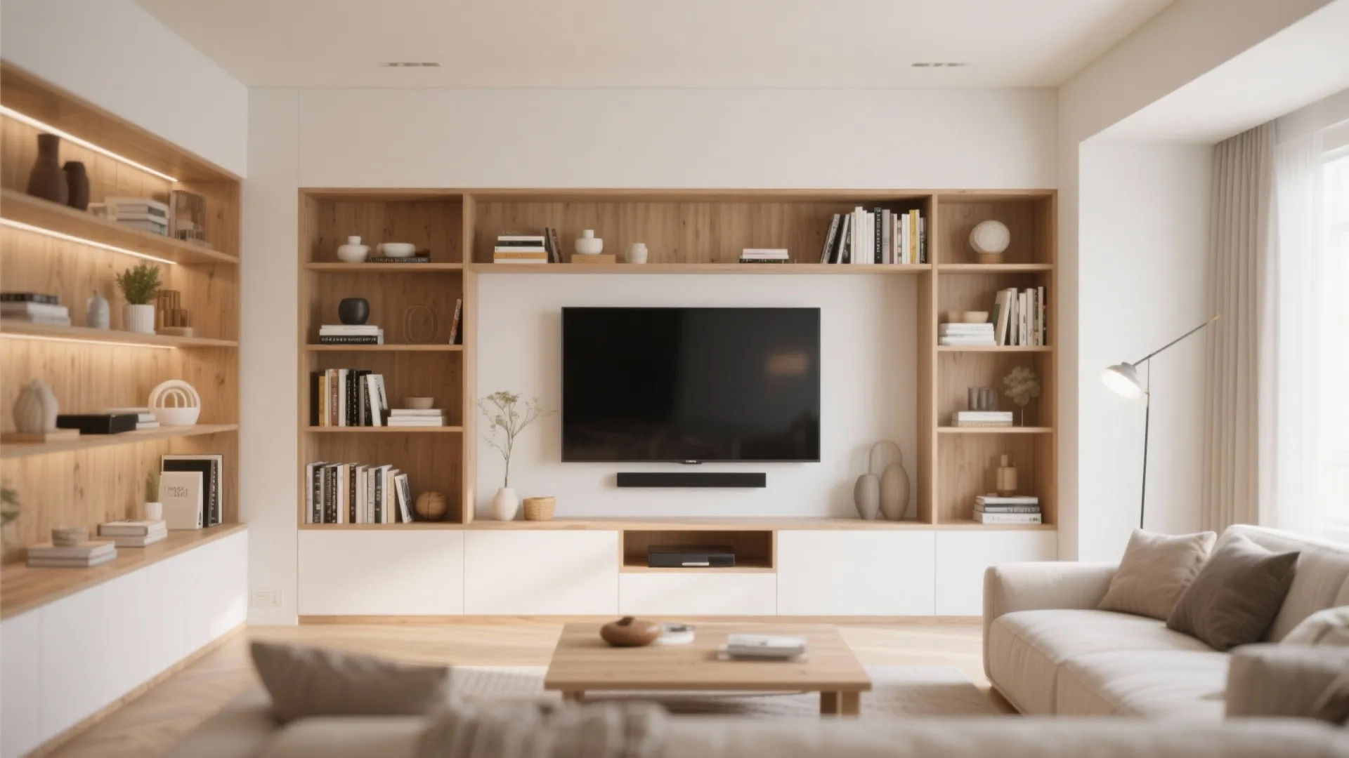 Modern living room with a wall mounted television surrounded by wooden built in display shelves