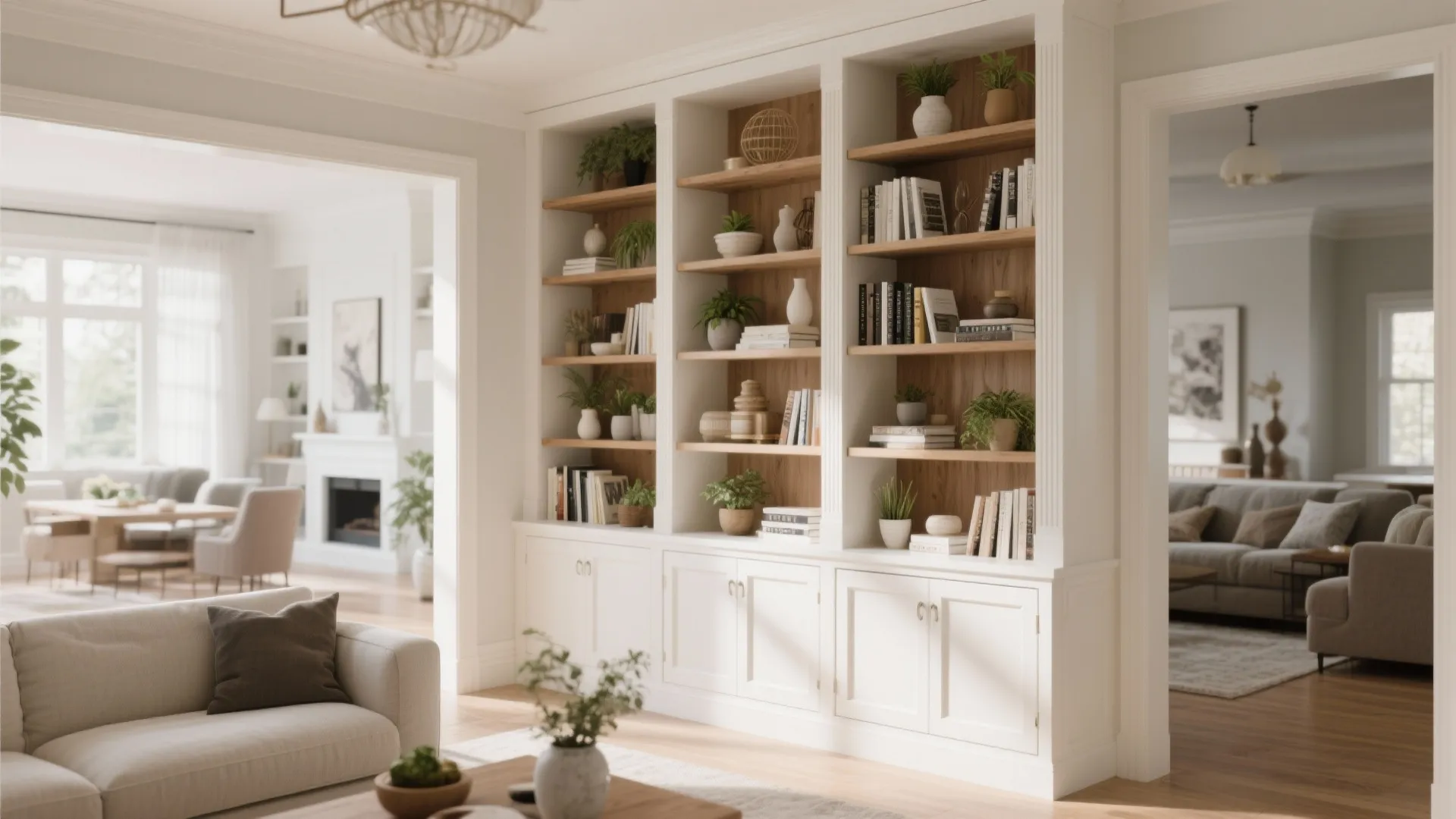 Built-in shelving displaying books and decor between two rooms