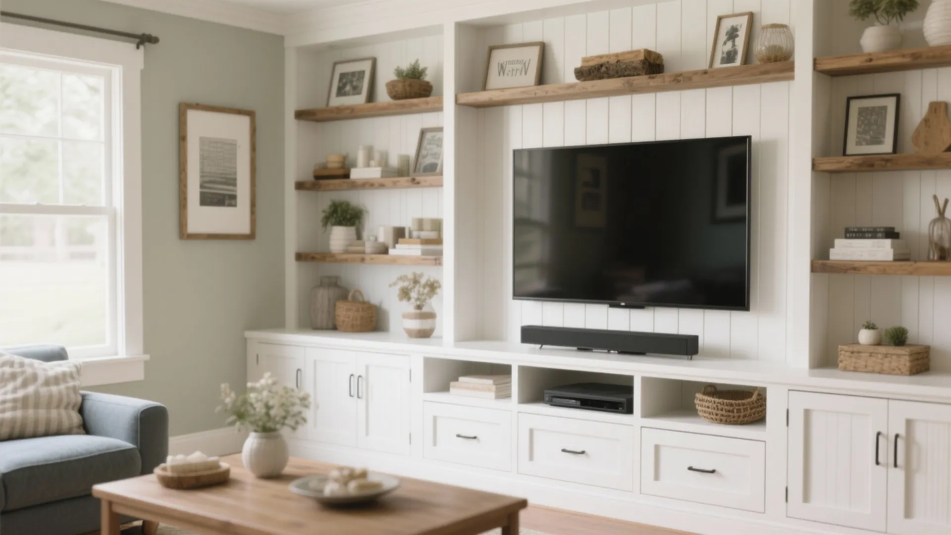 White built-in wall cabinet with wooden shelves holding decor items around a wall mounted television
