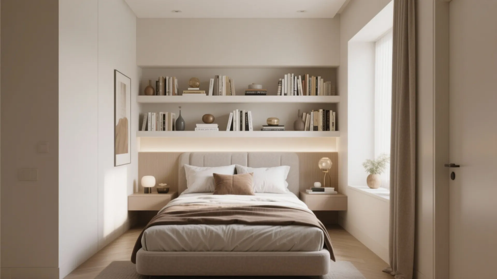 Guest bedroom with built-in shelves behind bed holding books and decor