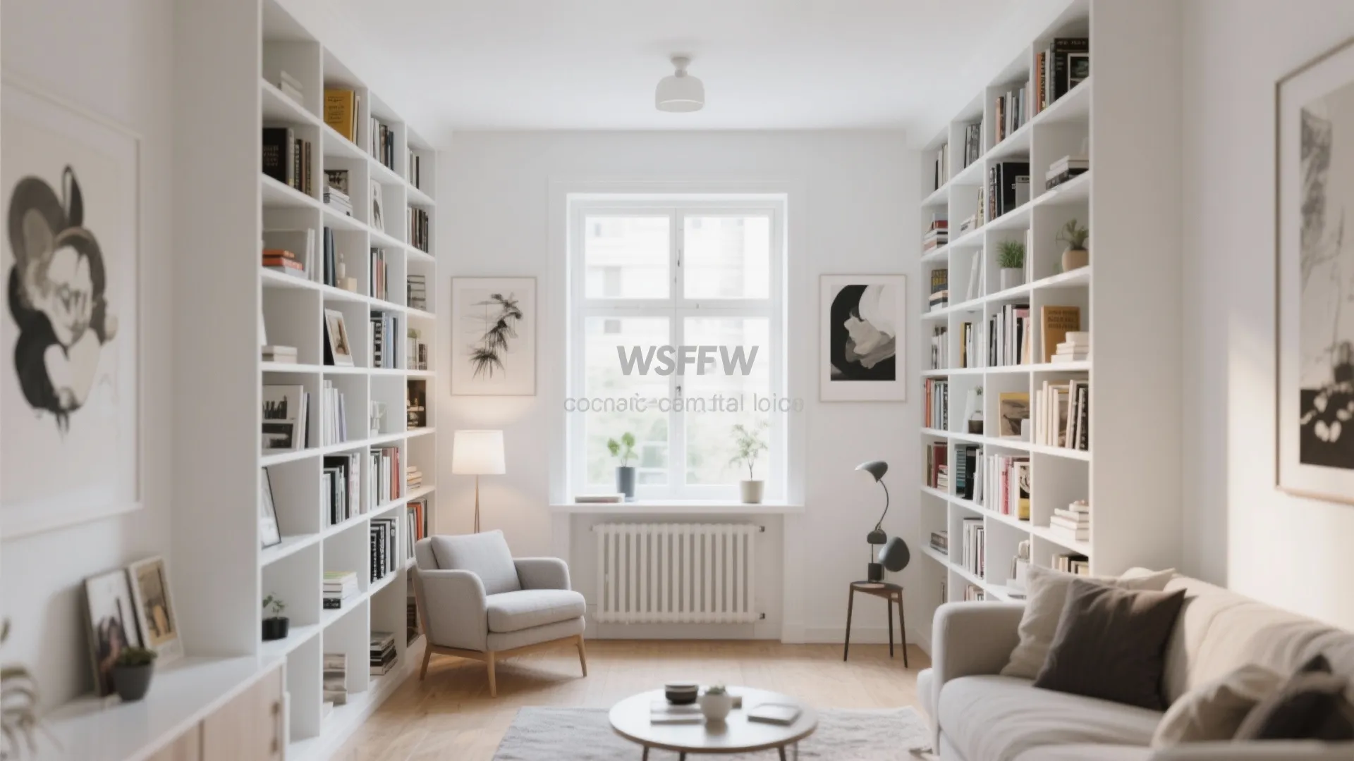 Bright reading room with tall white bookshelves, a grey armchair, window, radiator, and wooden floor