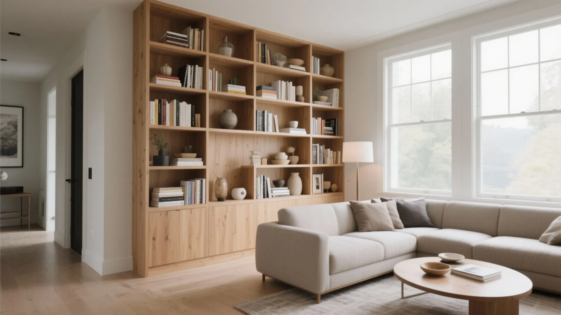 Modern living room featuring large wooden bookshelf wall with beige sofa and round coffee table