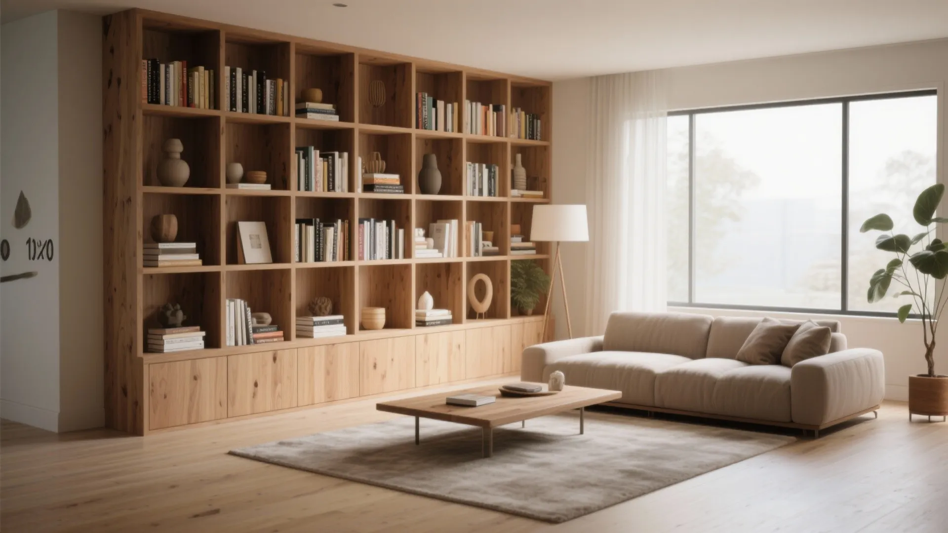 Large wooden wall cabinet with books and decor next to a sofa and coffee table