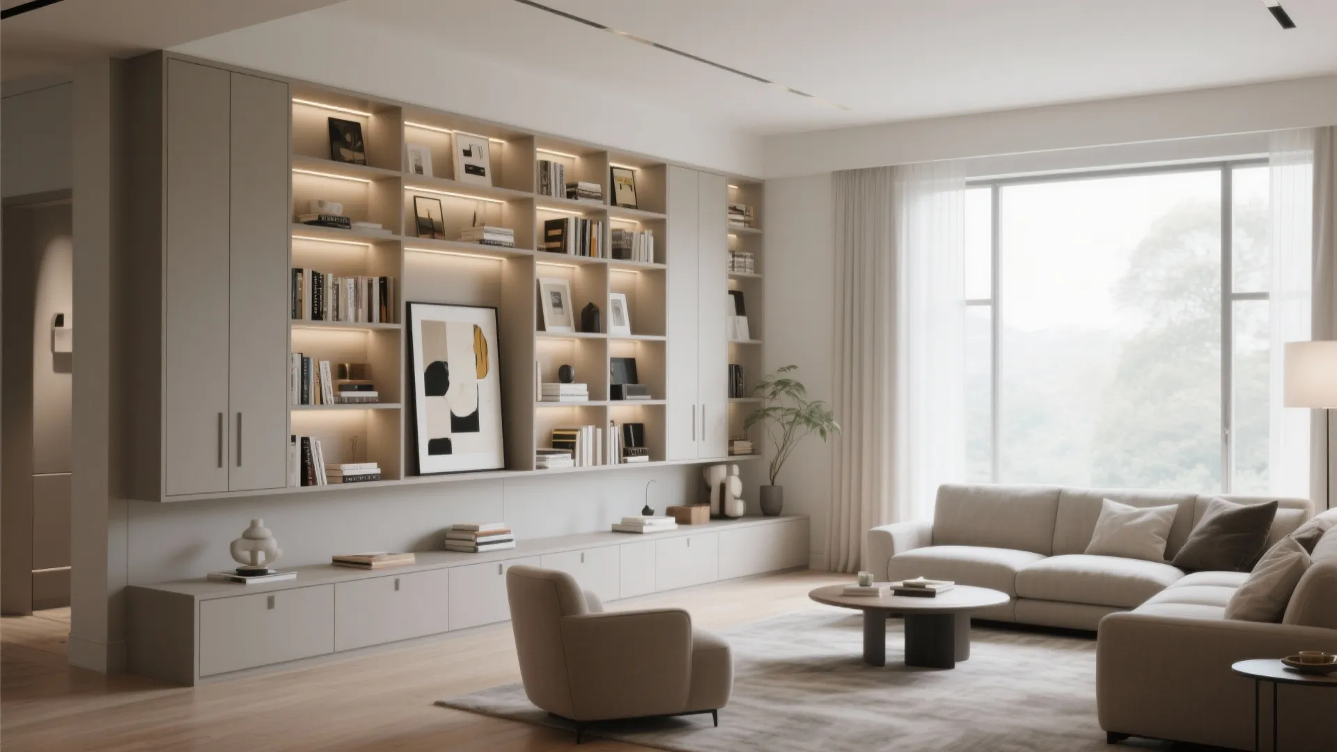 Modern living room featuring large wall cabinet with lighting books sofa arm chair and coffee table