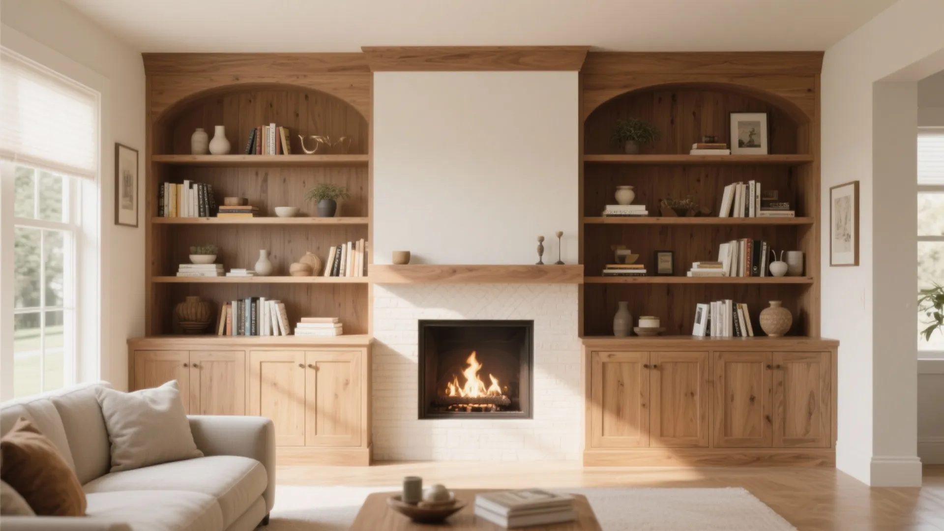 Living room with wooden built in bookshelves surrounding a white fireplace and a warm cozy fire