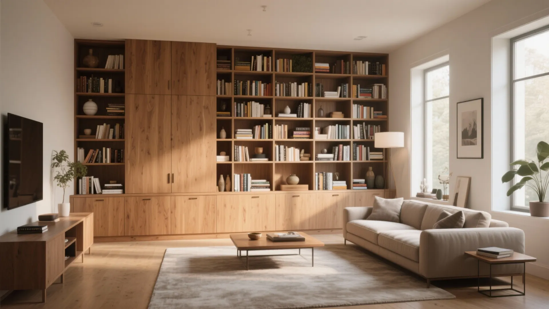Living room with large wooden wall cabinet sofa coffee table floor lamp and bright natural window