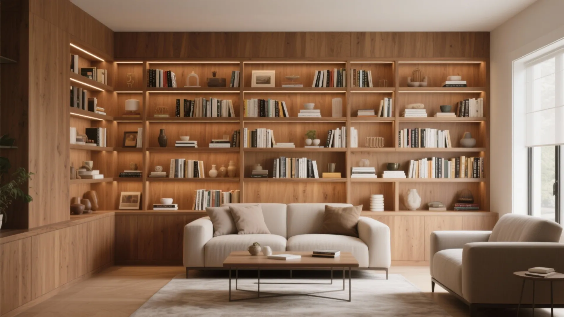 Large wooden built-in bookshelf with warm lighting behind a white sofa and a coffee table