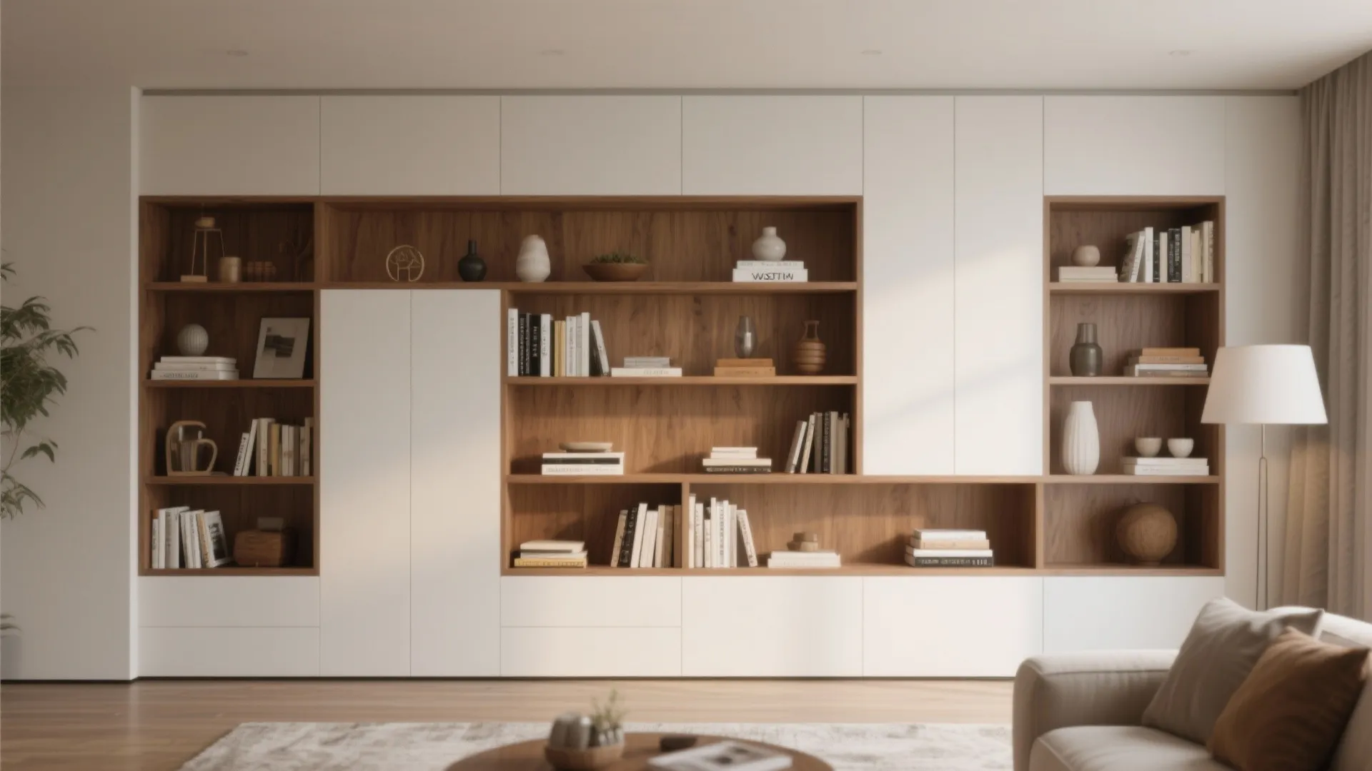 Modern white and wood wall cabinet with open shelves holding books decor and floor lamp