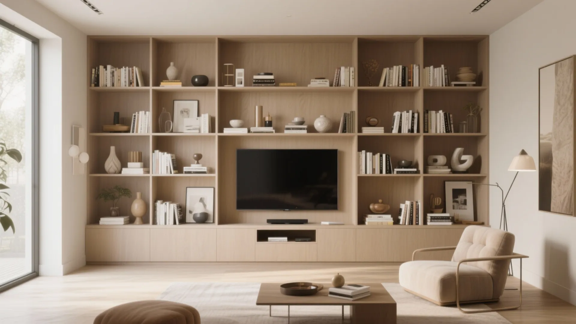4. Built-in shelving along one wall