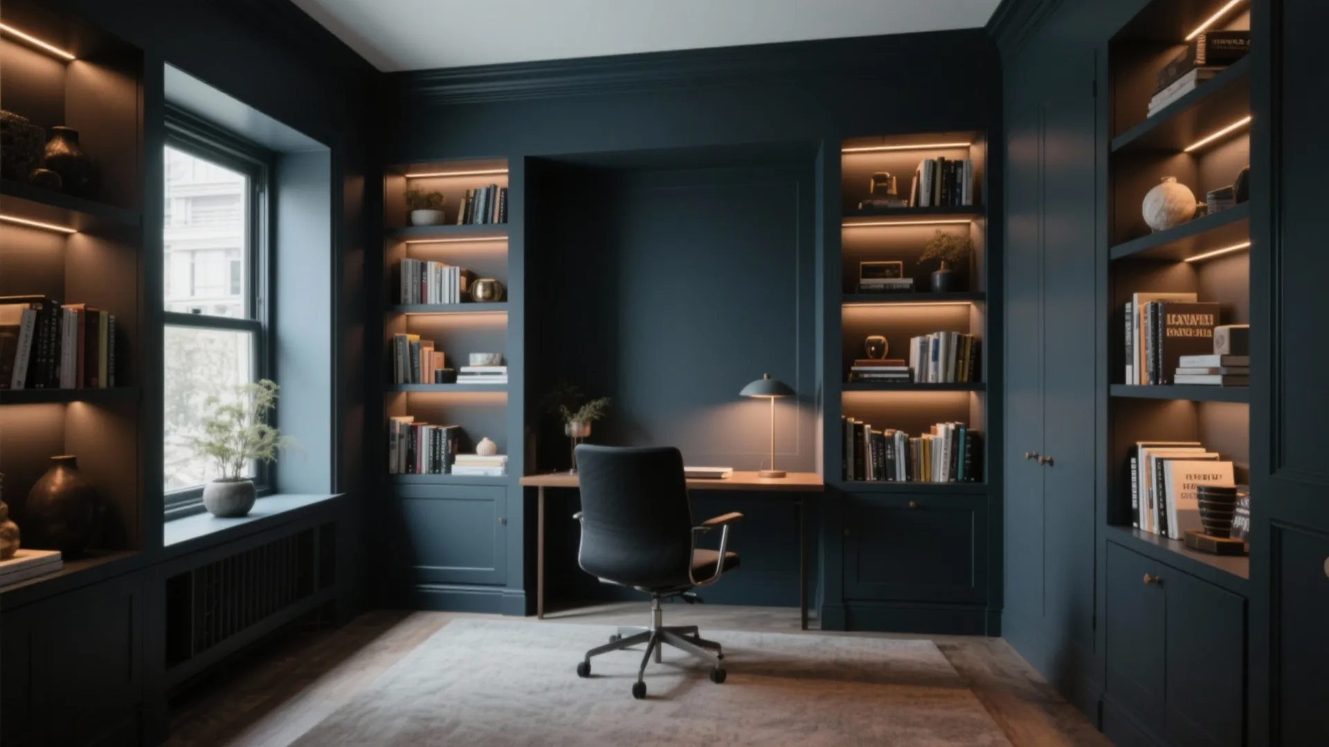 Moody office with built-in shelves painted same as walls