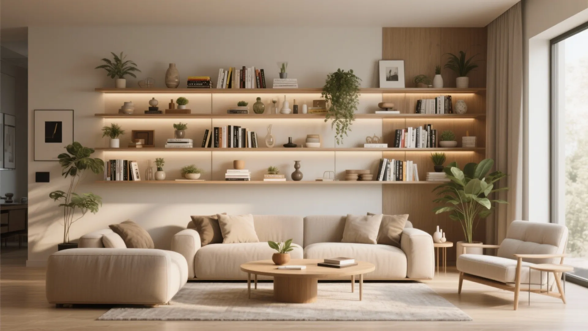 Modern living room with beige sofa wooden coffee table and wall shelves with light fixtures
