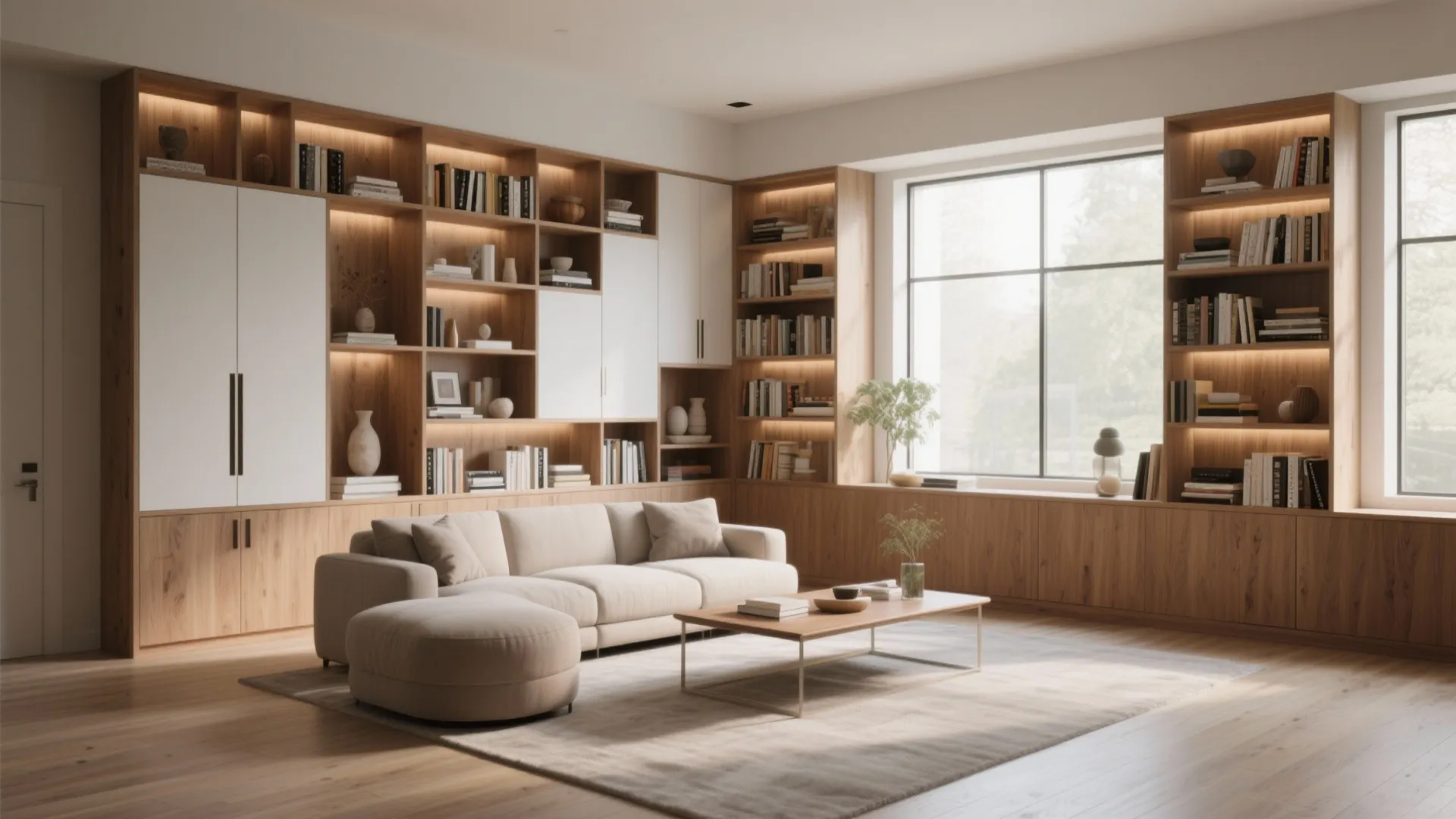 Spacious living room with large wooden wall cabinet sofa footrest coffee table and natural light