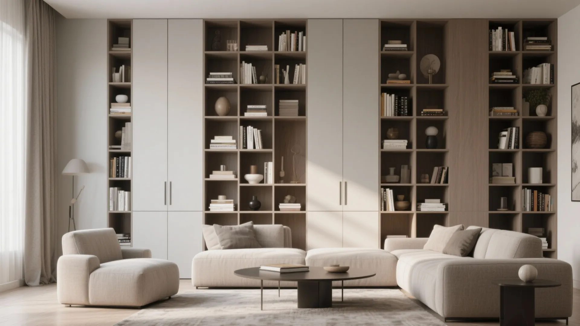 Modern living room featuring large built-in wall cabinet with open bookshelves and beige sectional sofa