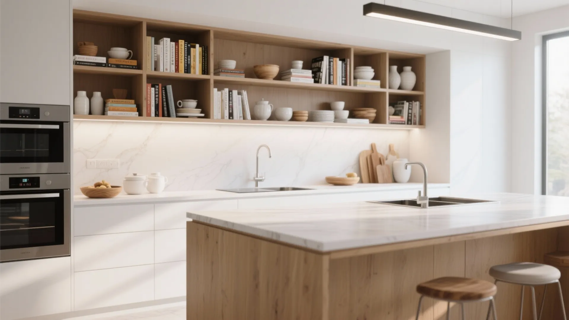 Modern kitchen with white island, marble countertop, wooden open shelves, books, and built in oven