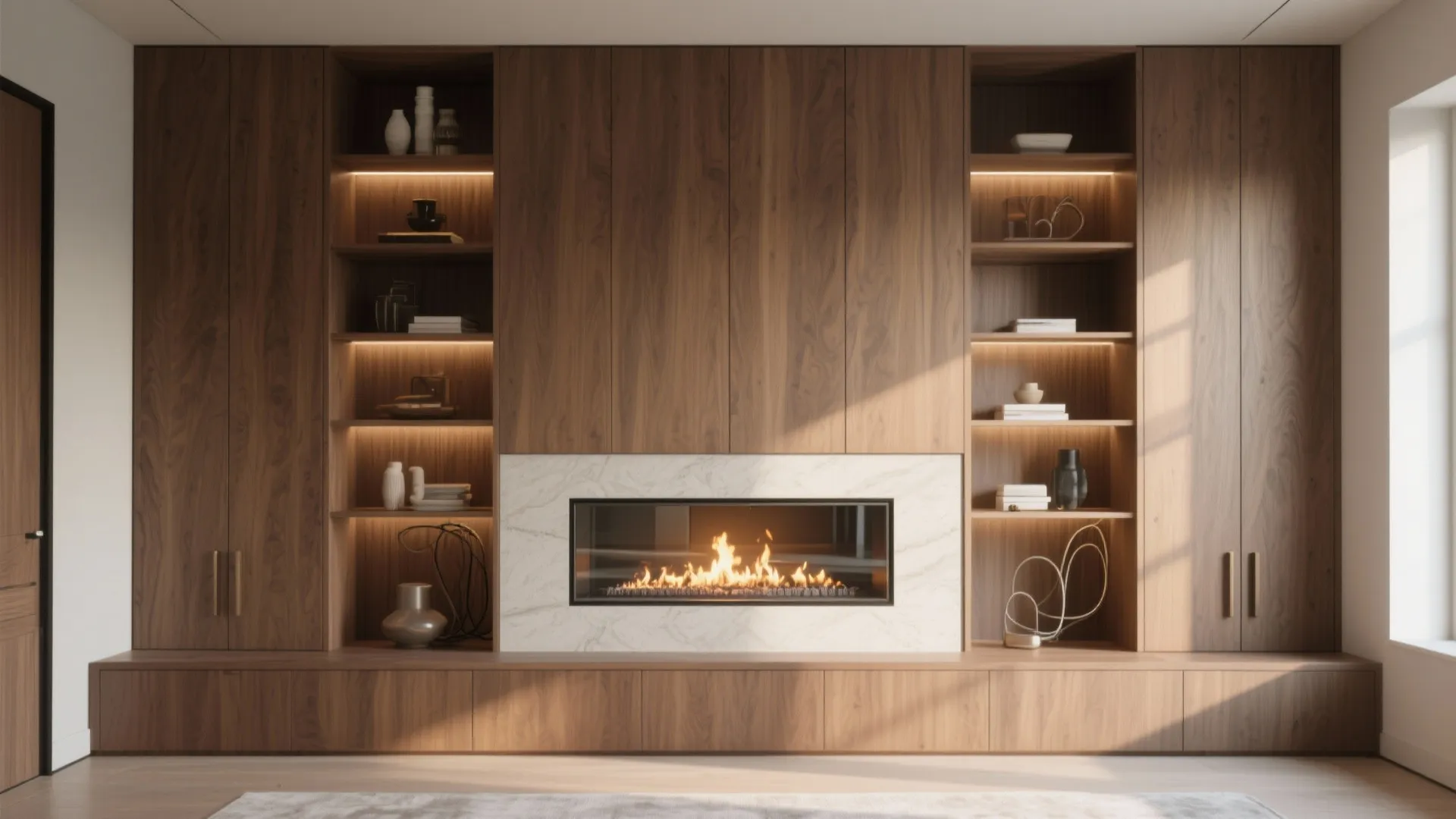 4. Fireplace integrated into shelving or cabinetry
