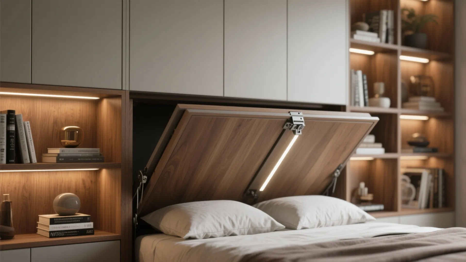 Built-in shelving with integrated lighting hiding a foldaway bed, showing warm wood textures and clean cabinet faces.