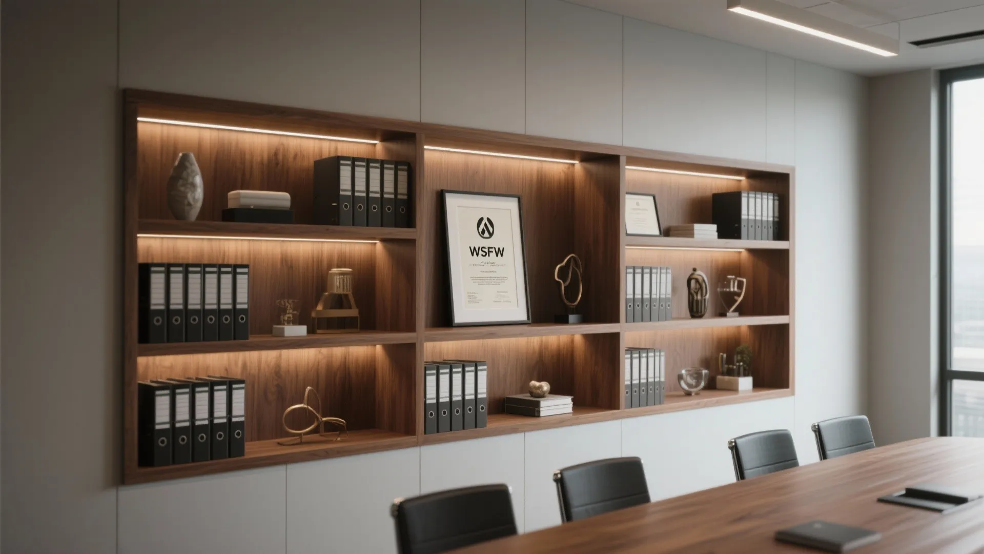 3. Built-in shelving as both storage and brand statement