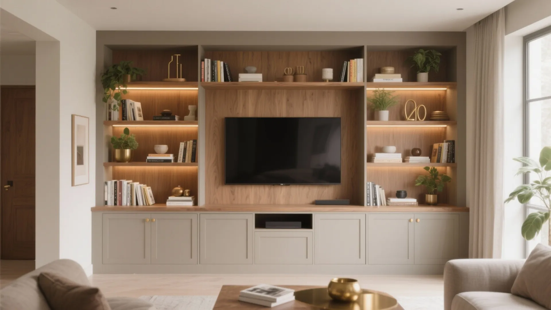 Built-In or Modular Shelving That Frames the Room