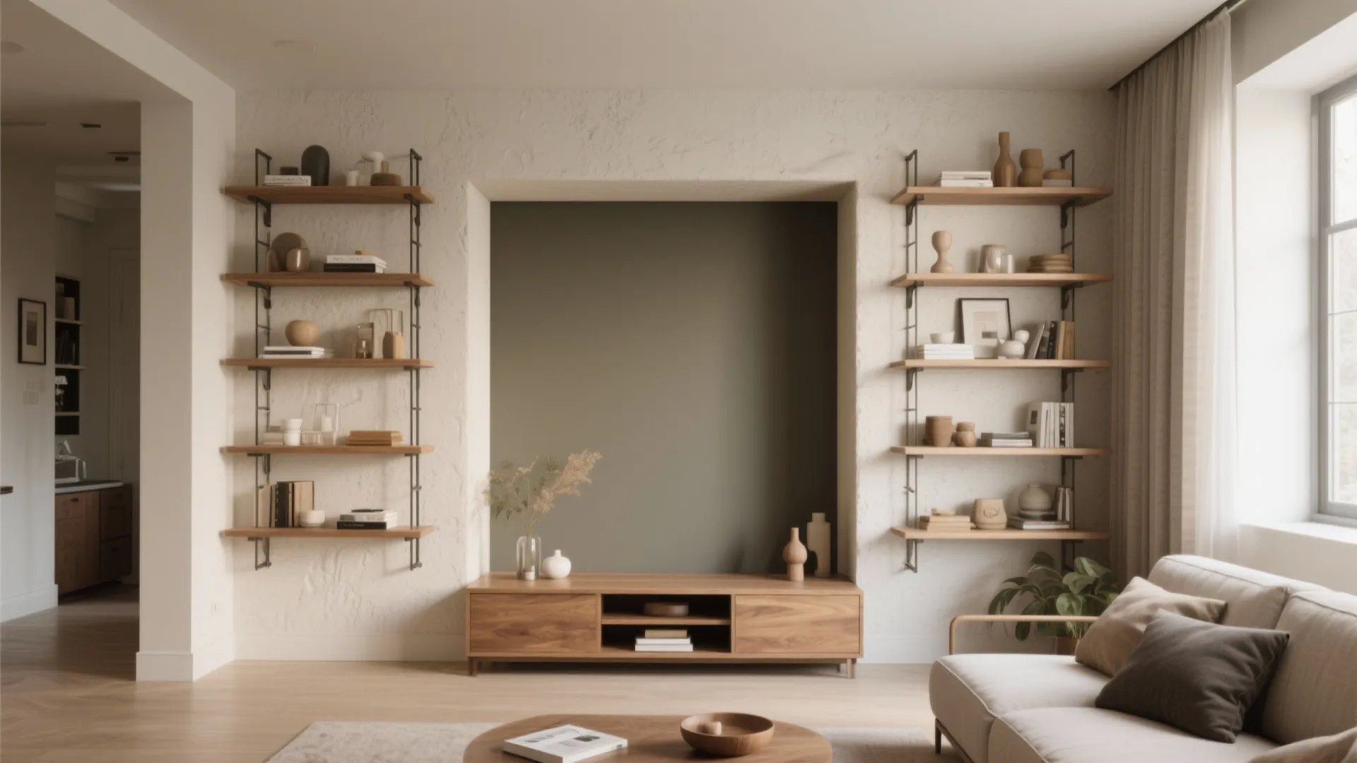 Compact living room with built-in shelving, recessed niche and contrasting back panel for storage and display.