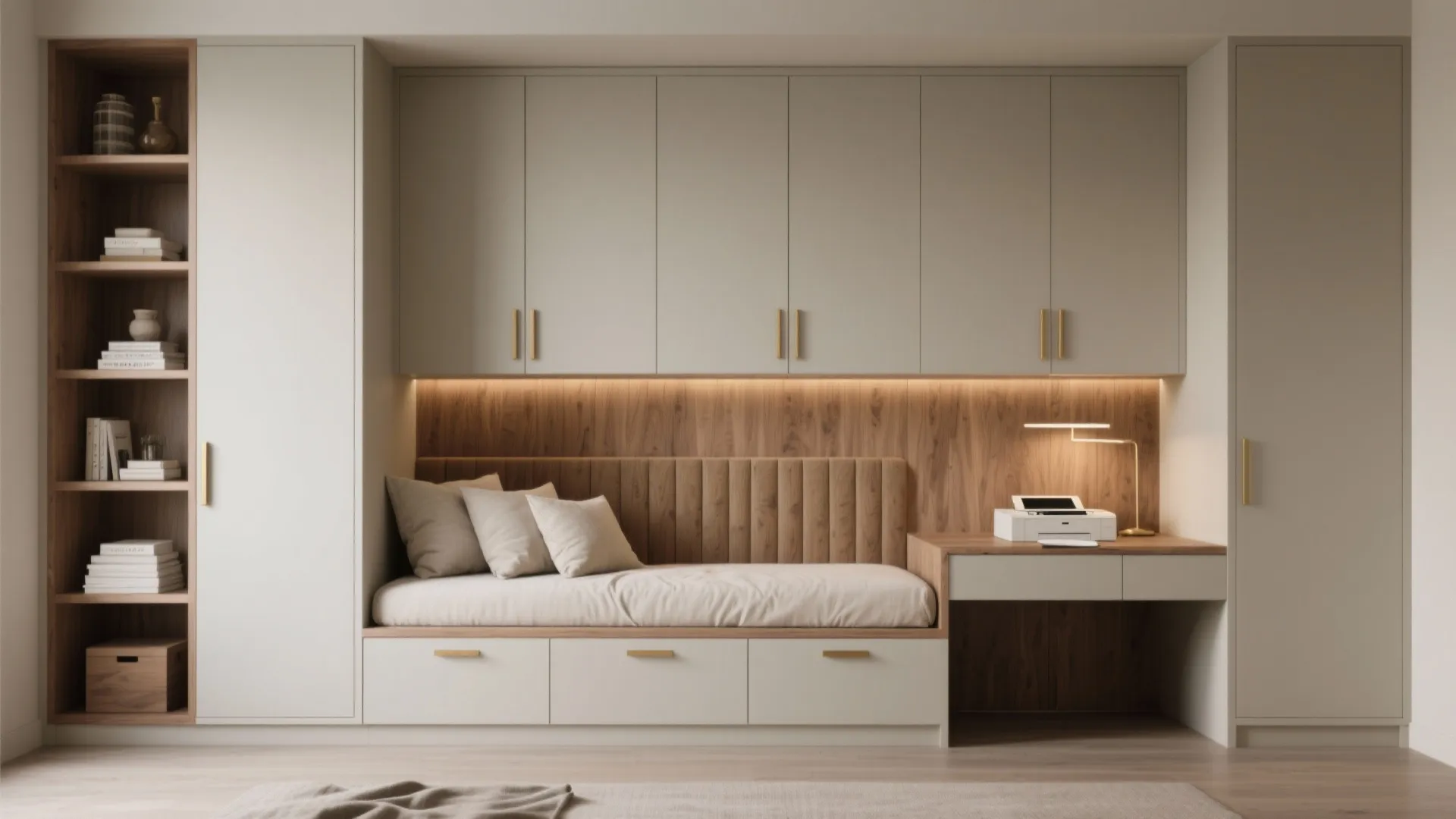 2. Built-in shelving that hides clutter (and doubles as a headboard)