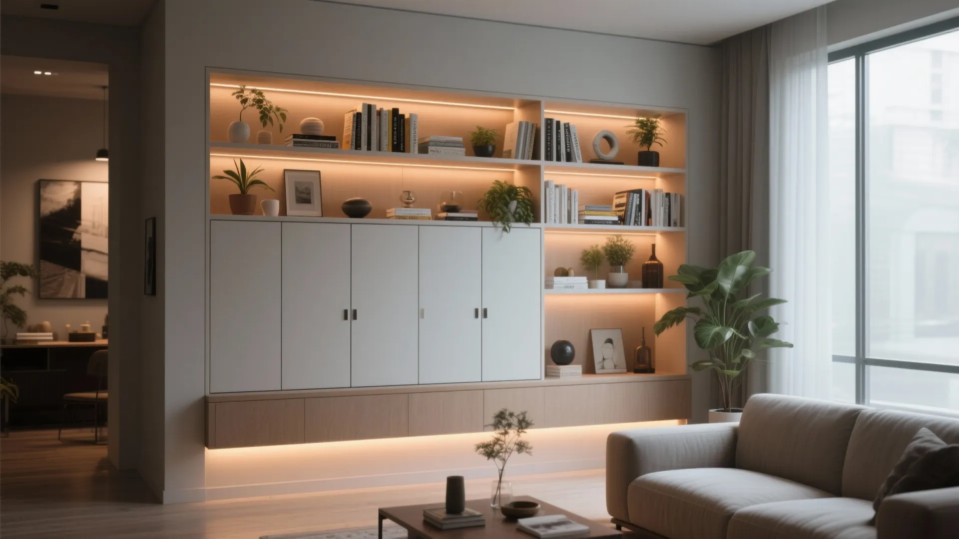 Modern wall cabinet with warm lighting shelves books green plants and light grey living room sofa