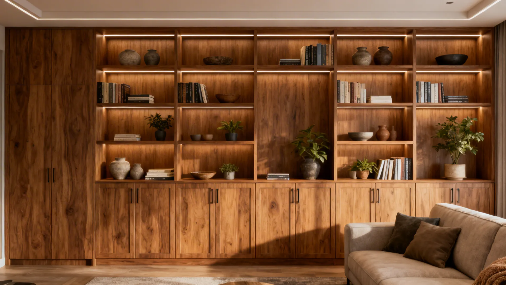 2. Floor-to-ceiling shelving with display niches