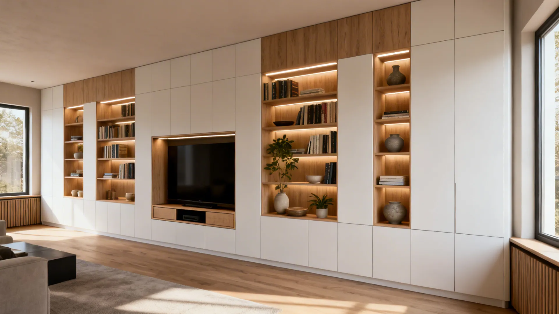 Custom built-in shelving and recessed storage along a long living room wall with integrated lighting and concealed media storage.
