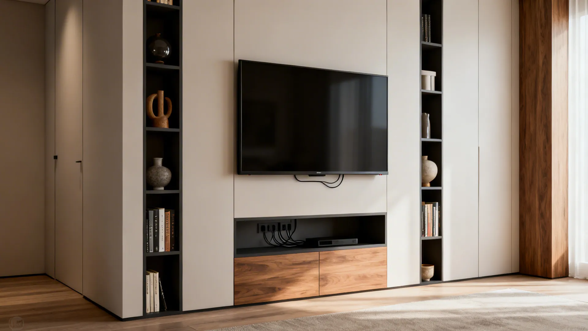 Slim built-in shelving and niche bookshelf around a wall-mounted TV in a small living room.