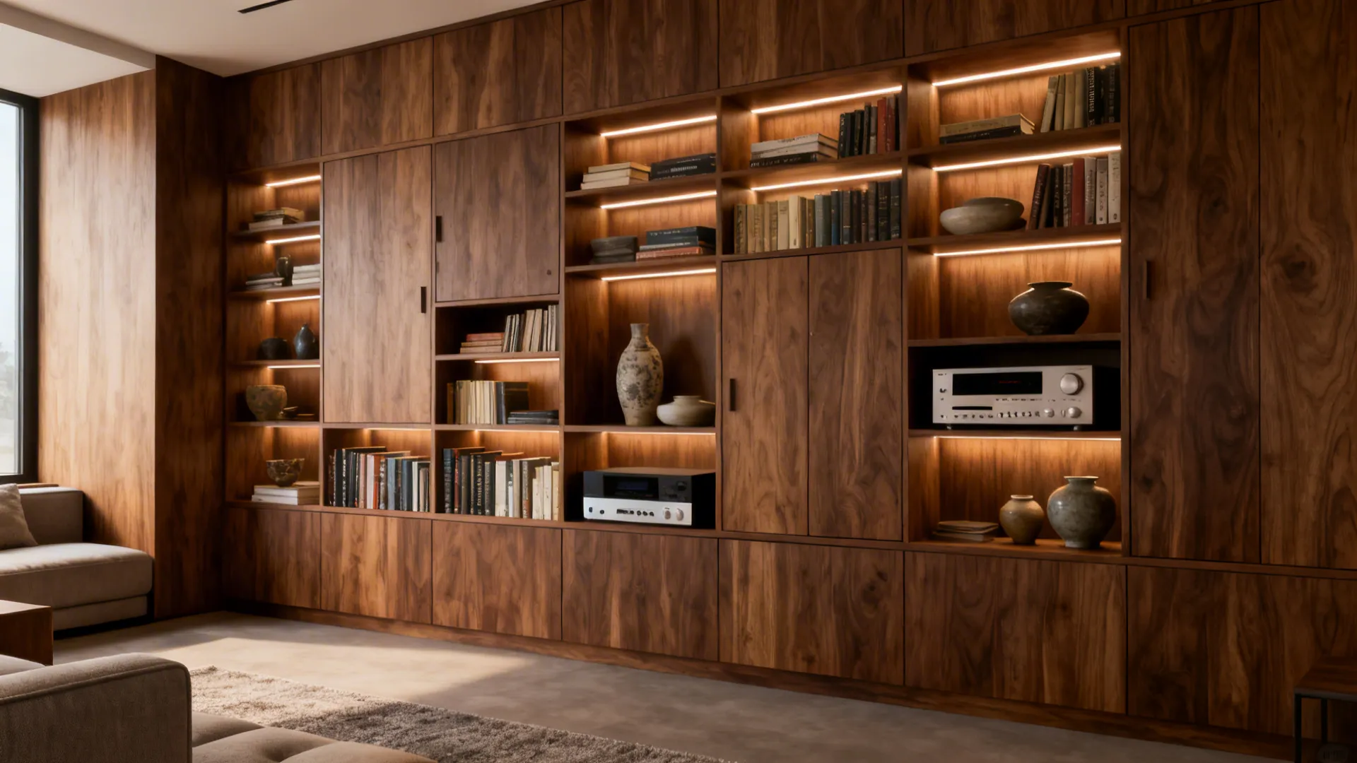 Custom built-in shelving with integrated lighting showcasing books and ceramics.