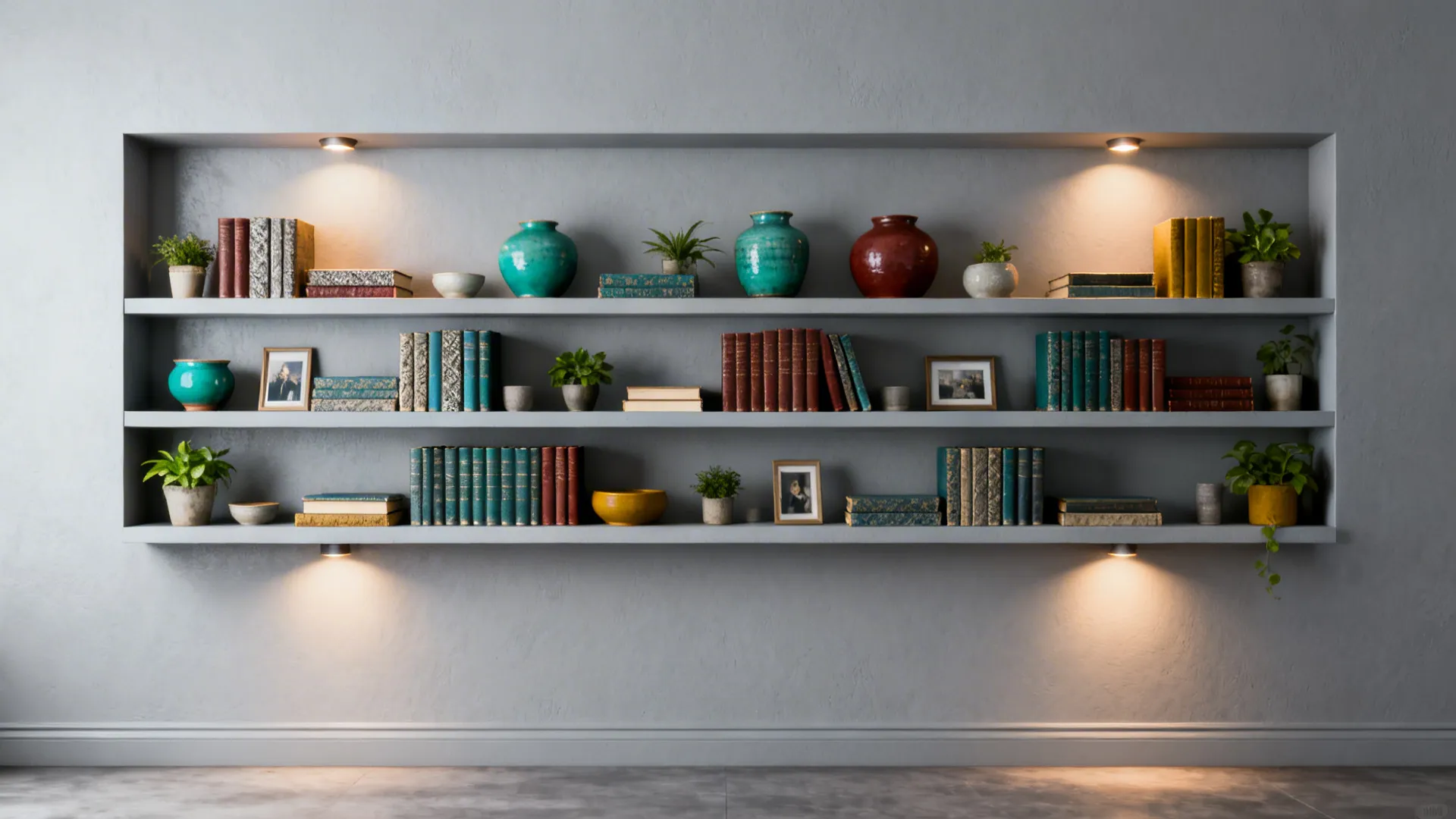 Shallow built-in shelving in a grey living room styled with books, ceramics and plants