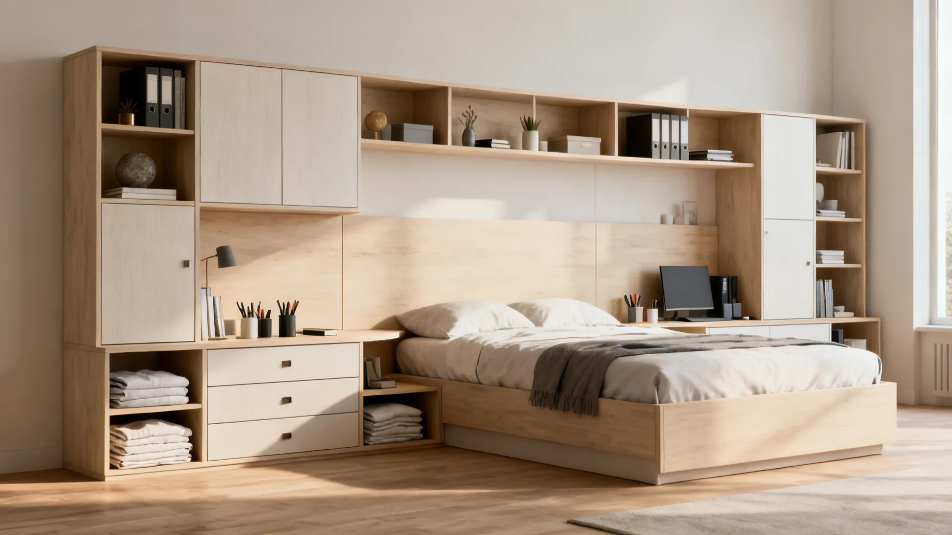 Light wood bedroom cabinet system with built-in bed plus desk area and storage wall shelves