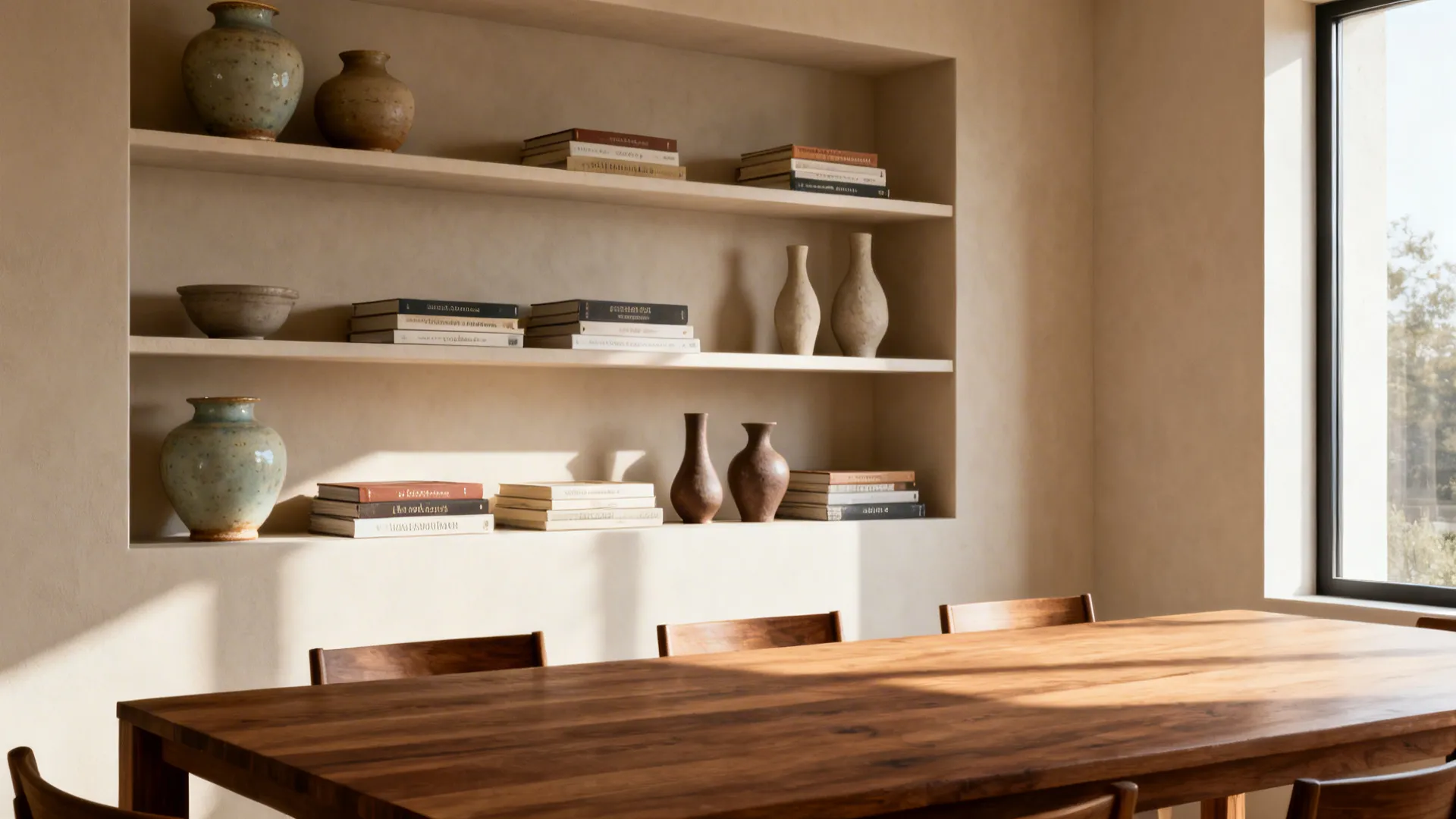 Built-in open shelving styled with ceramics, books, and sculptural objects next to a dining table.