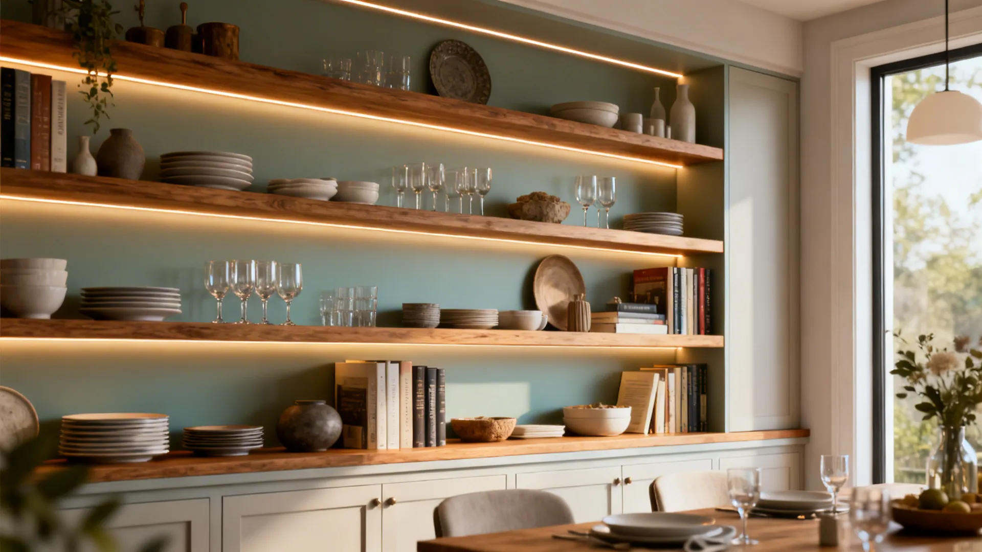 Dining room built-in shelving with integrated lighting displaying dishes and decor in a styled arrangement.