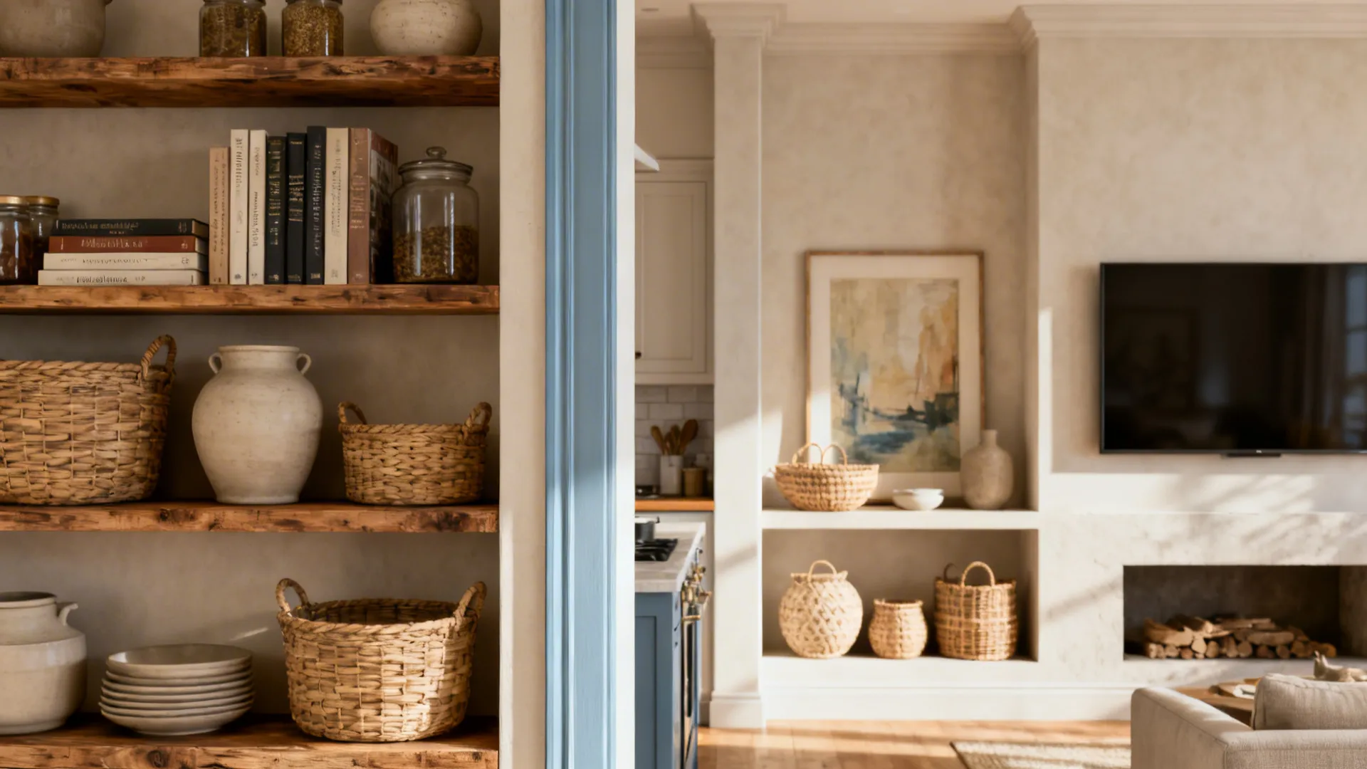 Dual-sided half wall with open kitchen shelving and living-room media/display niche with baskets.