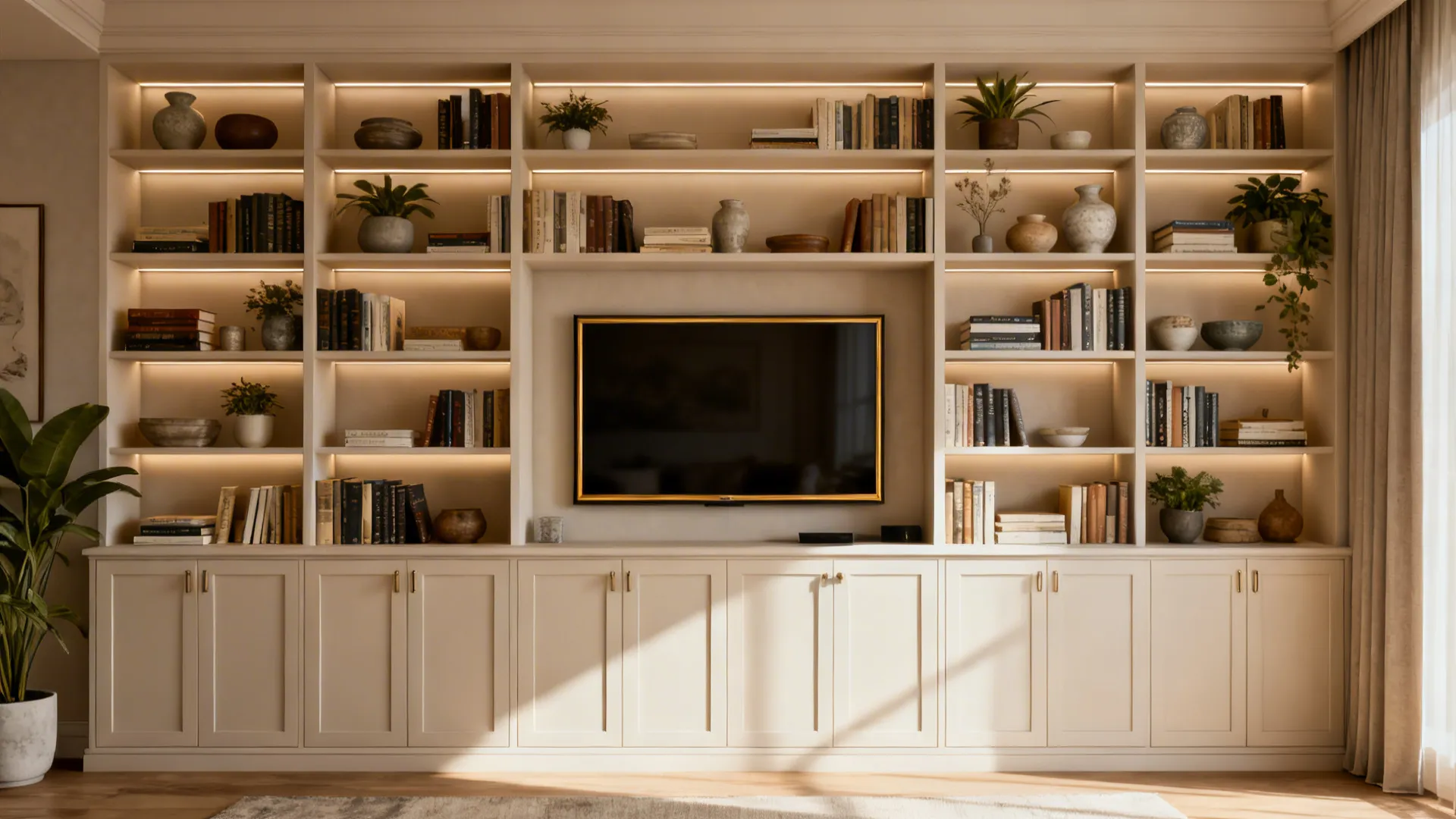Large white built-in wall cabinet with books plants vases and a black television in center