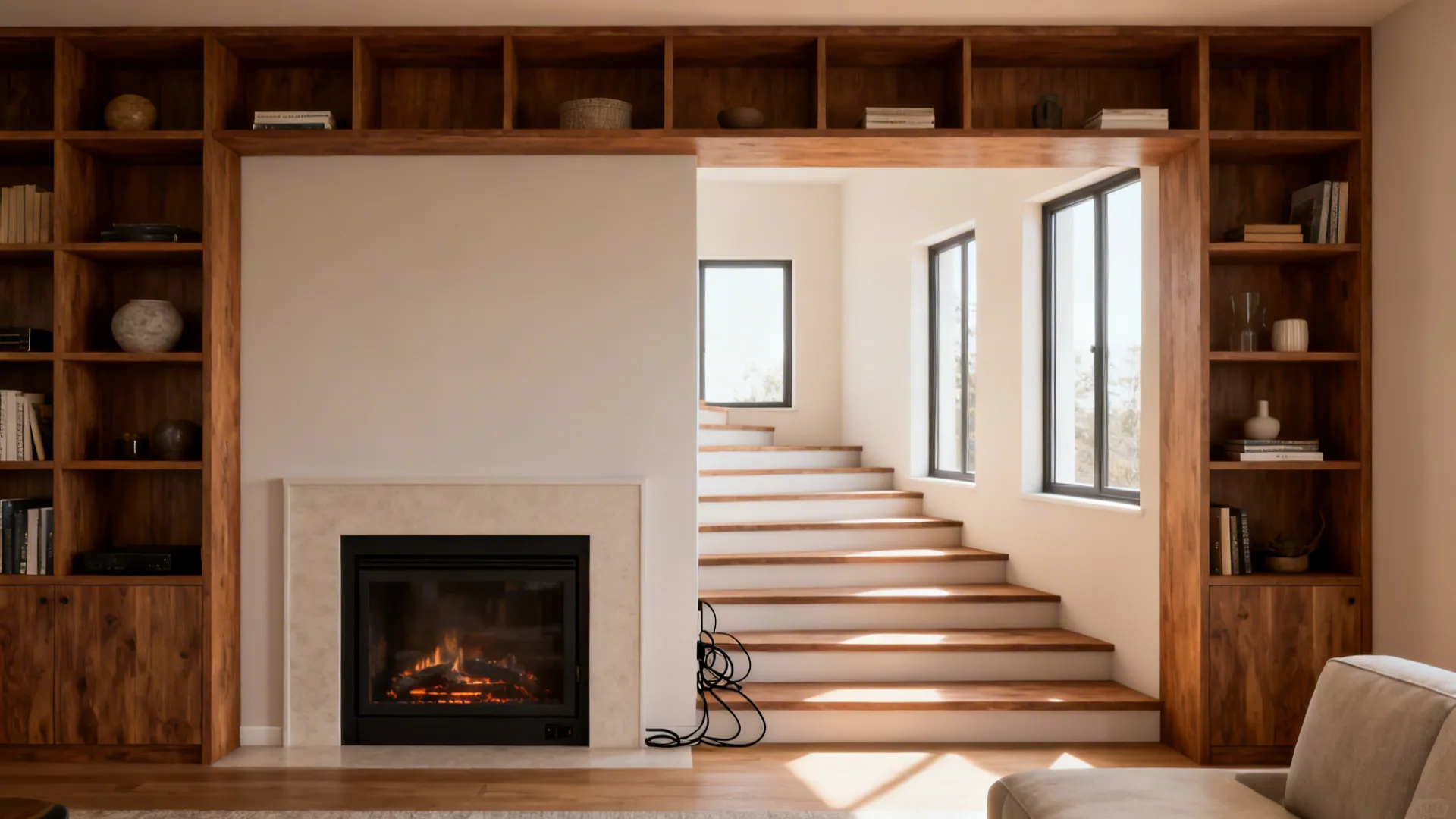 Built-in shelves framing a fireplace that step down toward windows to preserve light