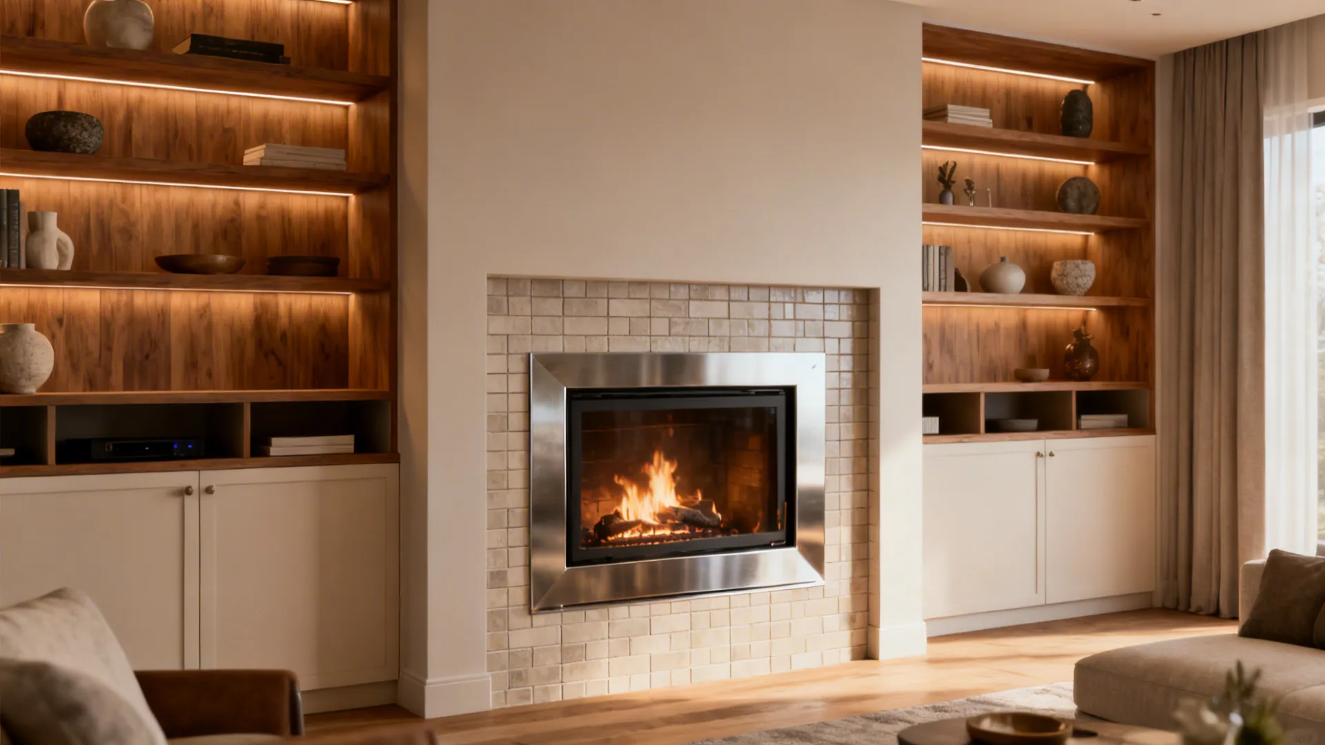 Warm living room with fireplace and wooden wall shelves featuring small lights and tiny vases