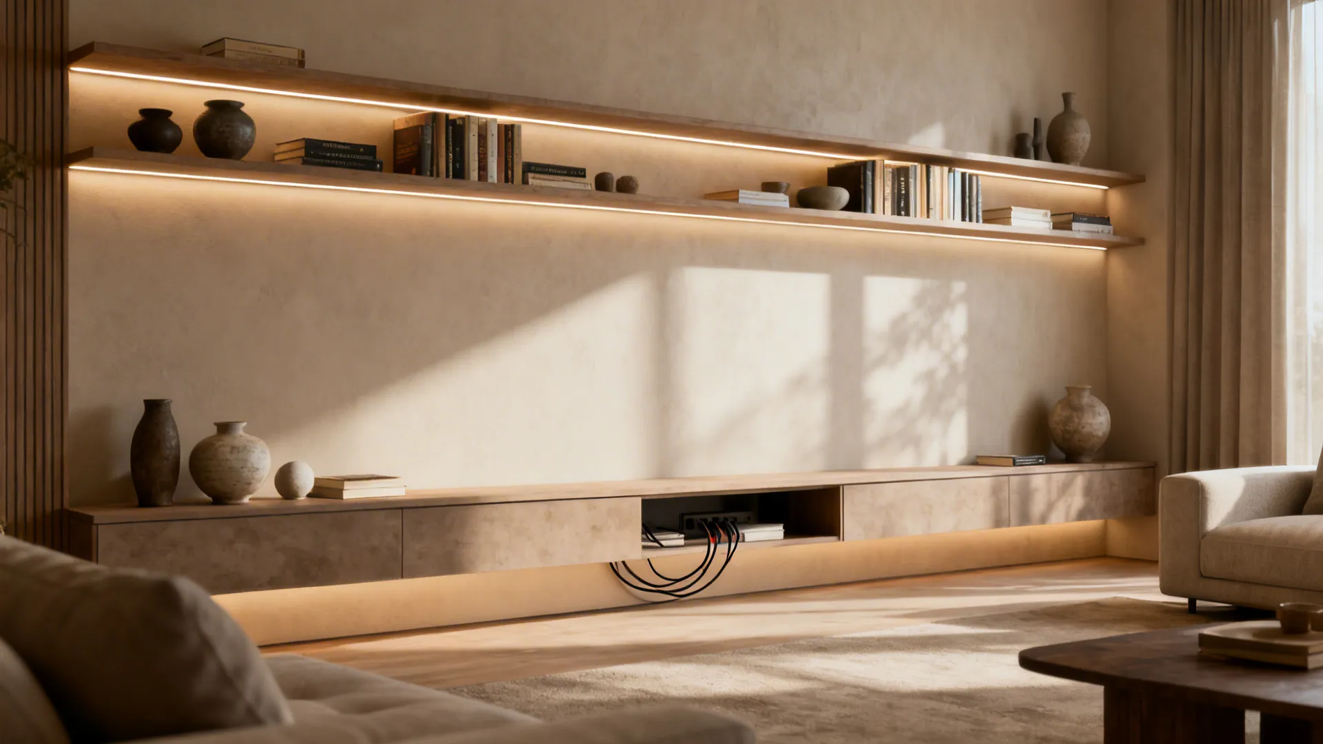 Built-in shelving with integrated LED lighting displaying books and objects
