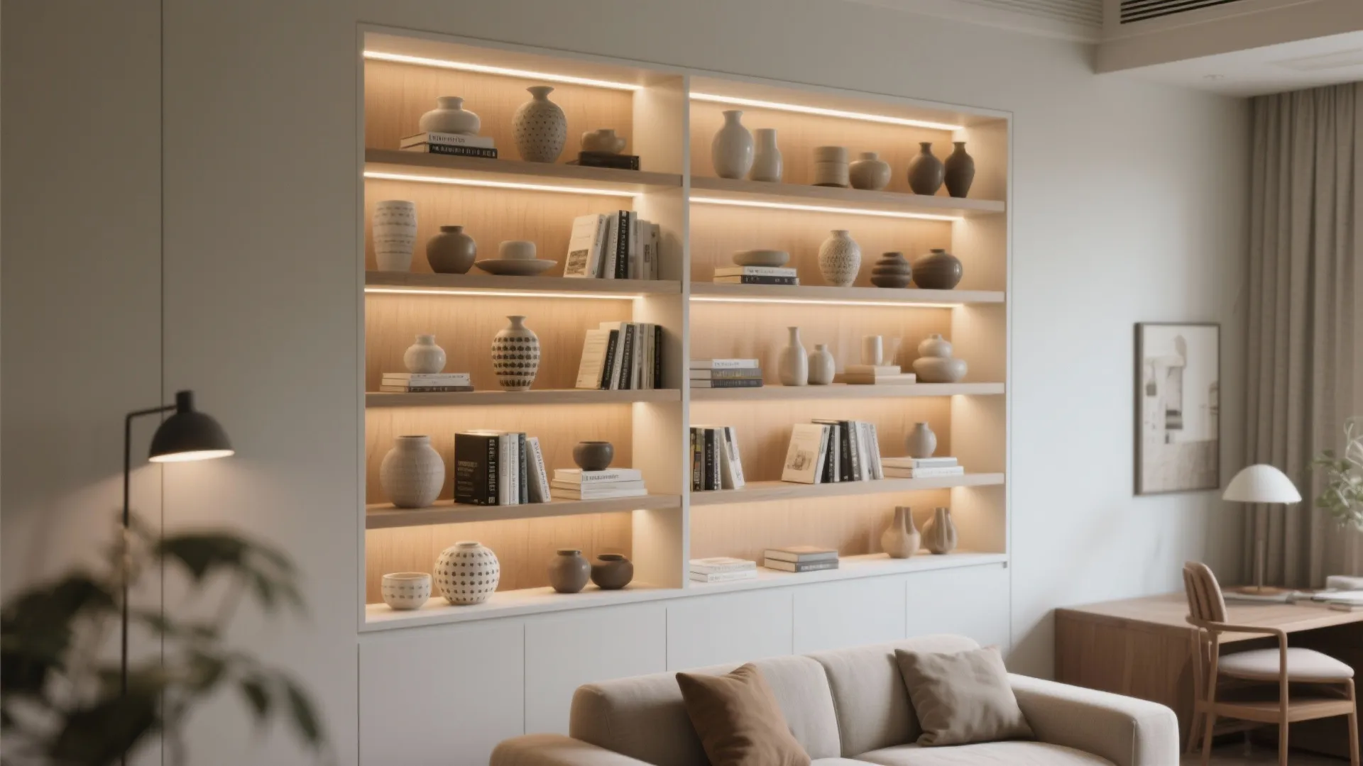 Built-in shelving with lighting