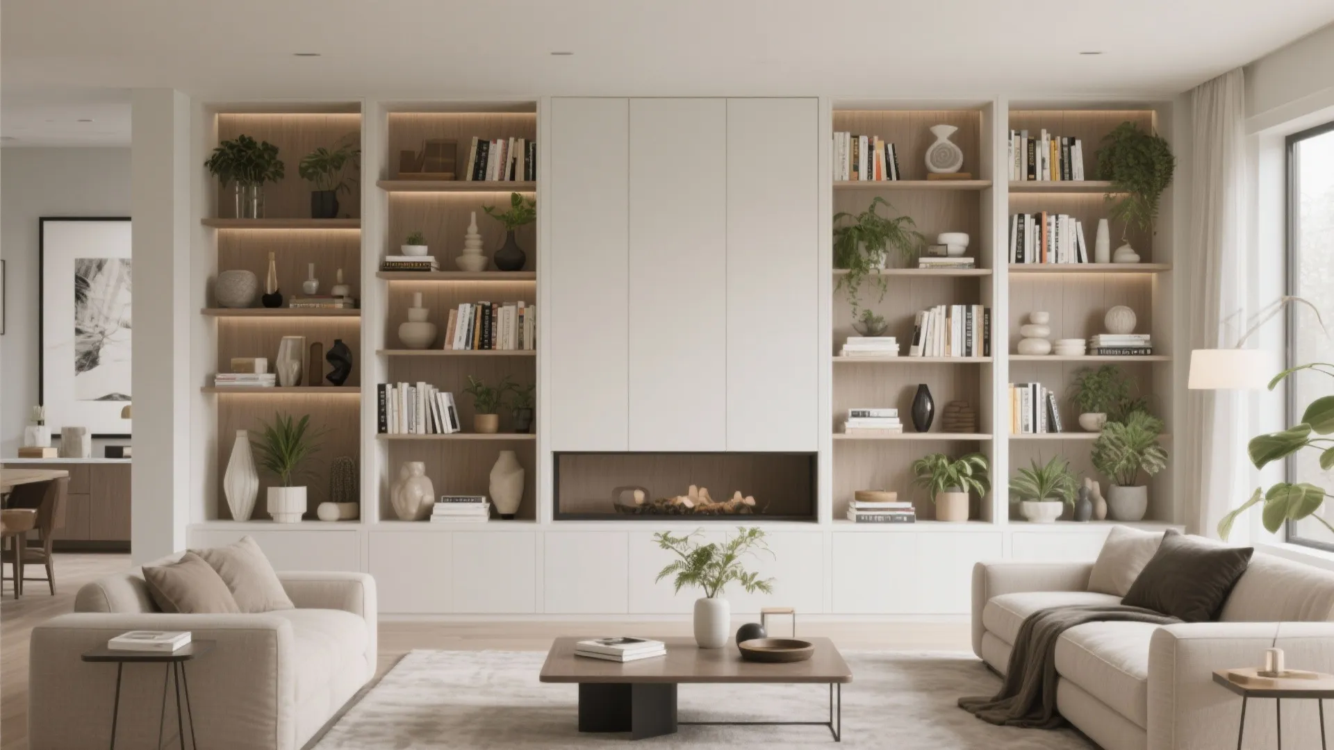 Built-in shelving in a modern living room with decor and books