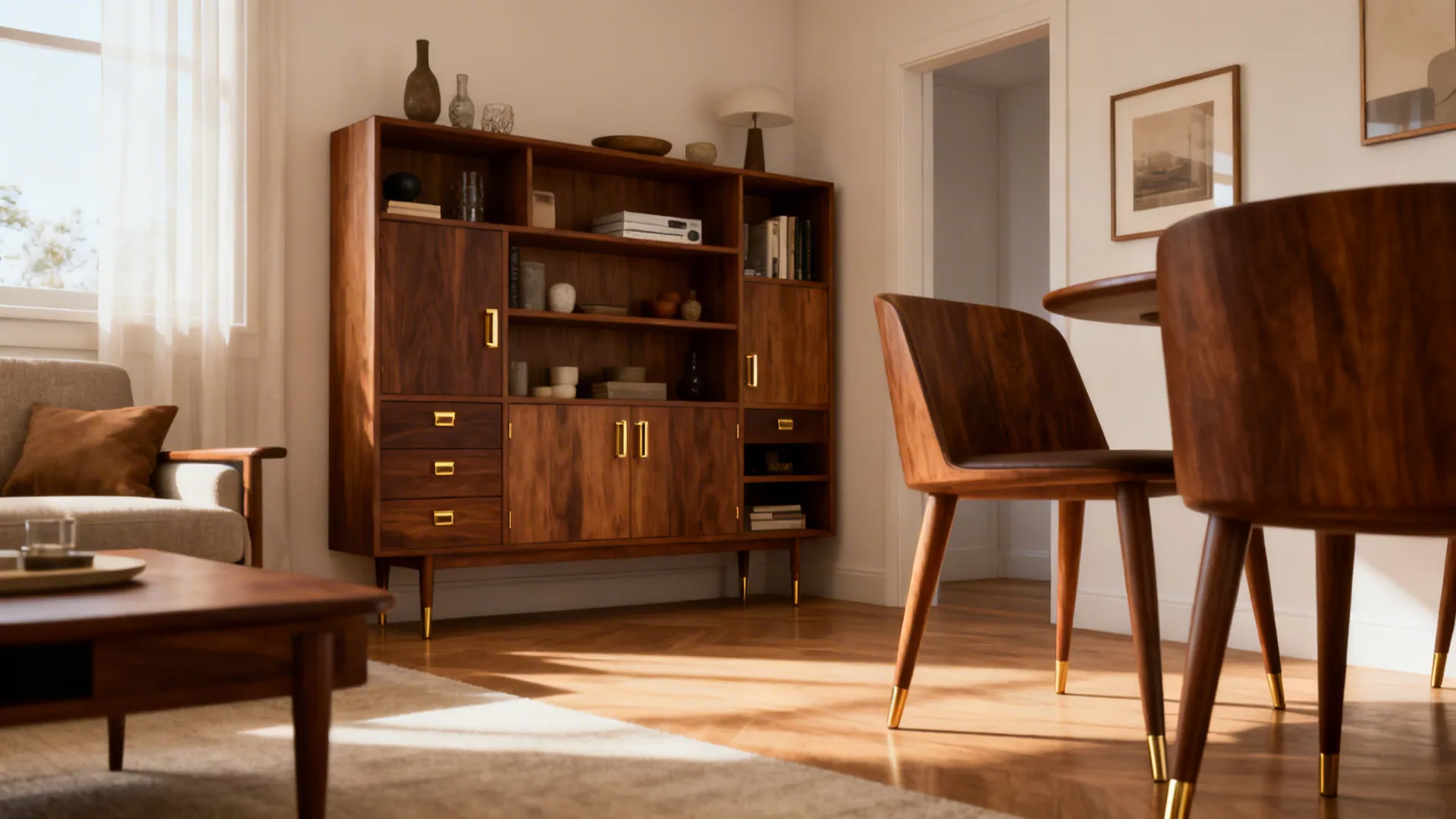 Built-in shelving with brass accents and warm wood in a small mid-century living room.