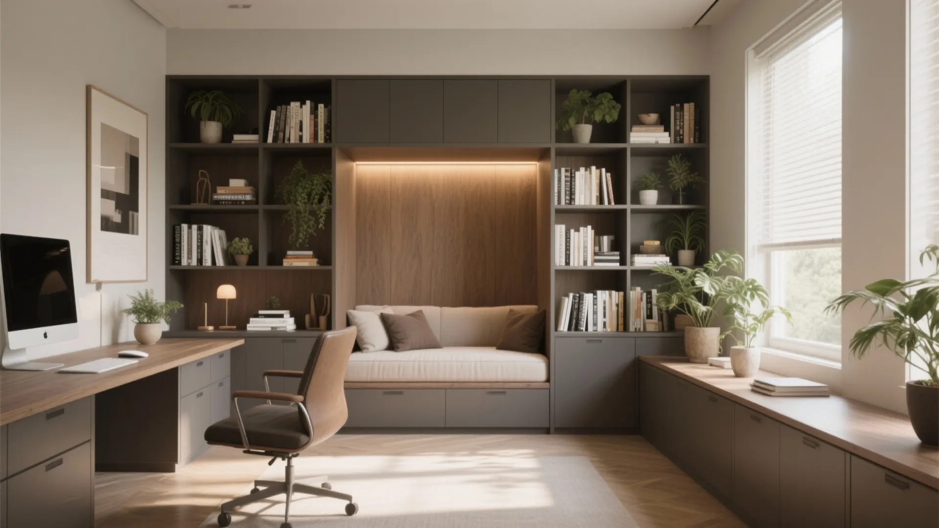 Home office with large grey cabinet wall featuring a built-in sofa and many green plants