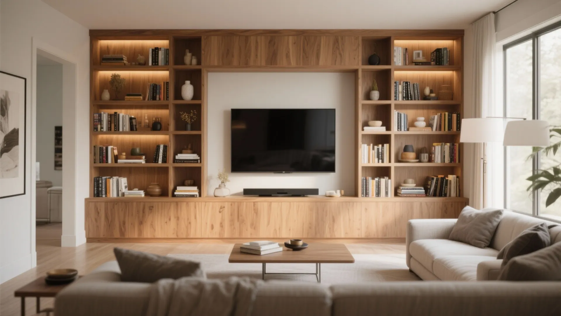 Modern living room with a large wooden wall cabinet holding a television and many books