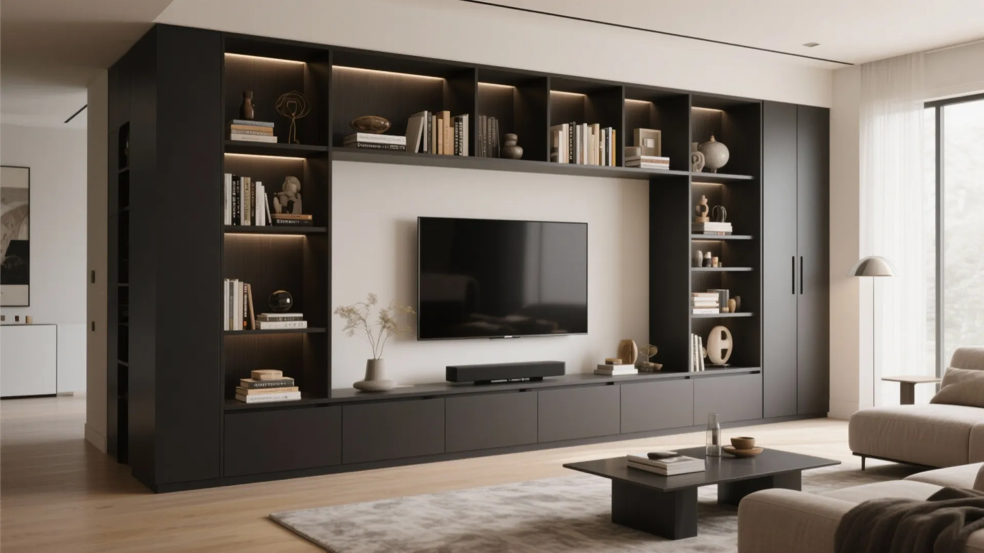 Built-in shelving around the TV