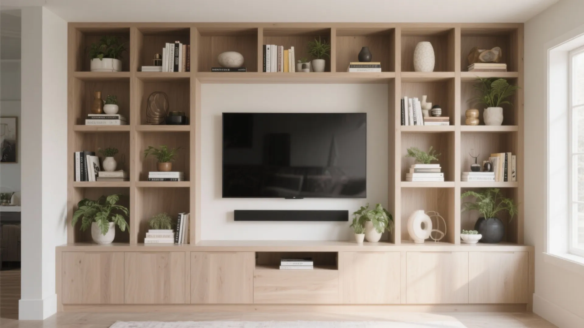 Large wooden bookshelf unit surrounding a wall mounted television with various plants and books displayed